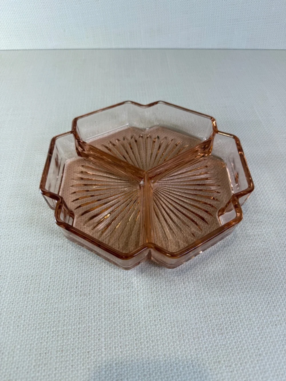 Pink Depression Glass 3-Section Divided Relish & Candy Dish — Starburst Pattern - Picture 2 of 10